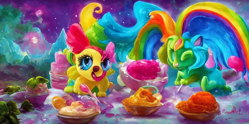 Image similar to rainbow sorbet made in the shape of 3 d littlest pet shop mythical manticore, realistic, melting, soft painting, desserts, ice cream, glitter, cake, forest, mountains, aurora, master painter and art style of noel coypel, art of emile eisman - semenowsky, art of edouard bisson