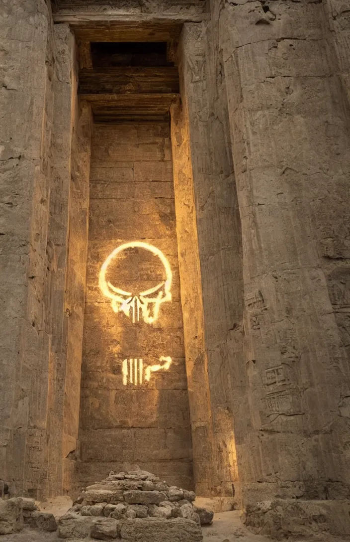 Image similar to punisher symbol is giant arching entrance and pillars in the form of the punisher icon forming entrance into ancient egyptian temple with luminous smoke and light rays.