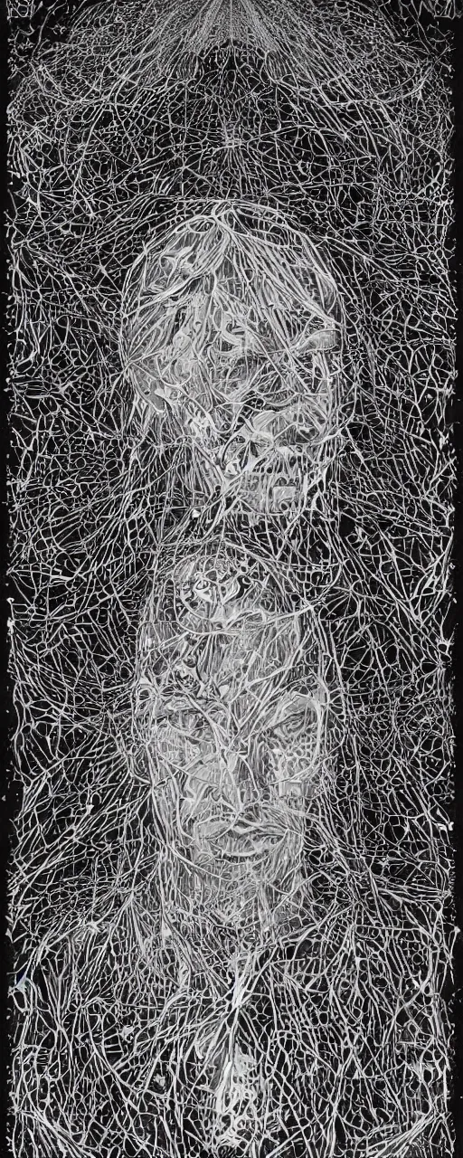 Image similar to disco diffusion portrait of Thom Yorke, hiding in the bushes looking shifty:: cosmic tarot card, intricate fractal details, broken physics, fanciful floral mandelbulb, black paper, style of Stanley Donwood