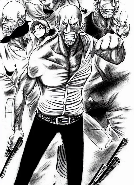 Image similar to jason statham as character in one piece manga, sketch by eiichiro oda