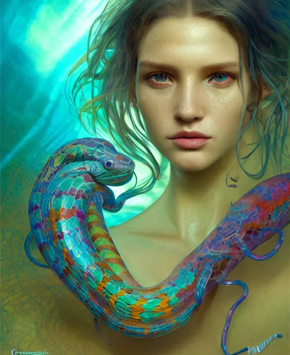 Image similar to colorful transparent portrait of a disturbing beautiful alien snake creature, mottled coloring, adorable, childlike, underwater environment, ultra realistic, concept art, art nouveau, photorealistic, octane render, 8 k, unreal engine. art by christopher marley and artgerm and greg rutkowski and alphonse mucha