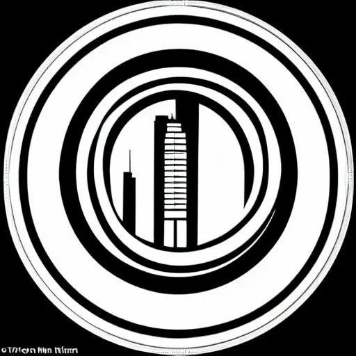 Image similar to a perfect circle where the inside is empty blank space and around the outer edge of the circle is the silhouette of a city skyline, black and white, minimalist, in the style of a charcoal drawing, made by david mellen