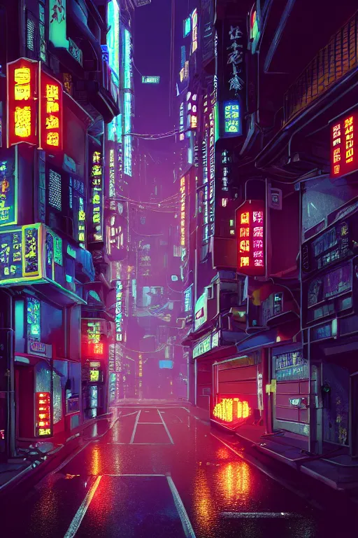 Prompt: isometric view of a cyberpunk neo-Tokyo street with illuminated signs and wet pavement, by Andrei Riabovitchev, Shaun Tan, Peter Mohrbacher and Takayuk, cinematic, realistic, intricate detail, finely detailed, small details, extra detail, photorealistic, high resolution, 3D, PBR, path tracing, volumetric lighting, octane render, arnold render, 8k