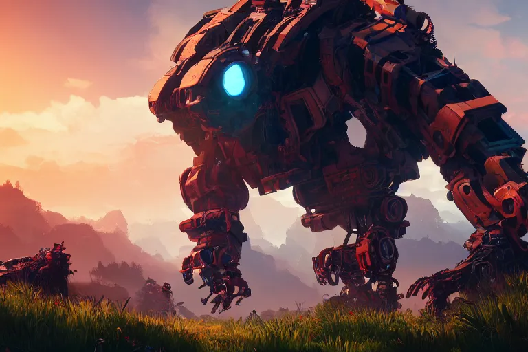 Image similar to scrapper machine mecanical creature robot of horizon forbidden west horizon zero dawn radiating a glowing aura global illumination ray tracing hdr fanart arstation by ian pesty and alena aenami artworks in 4 k