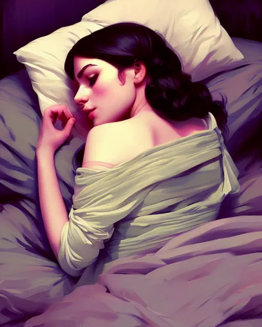 Image similar to stylized portrait by aykutmakut of an artistic pose, composition, young victorian sleeping fancy lady in bed, cinematic moody colors, realistic shaded, fine details, realistic shaded lighting poster by ilya kuvshinov, magali villeneuve, artgerm, jeremy lipkin and michael garmash and rob rey