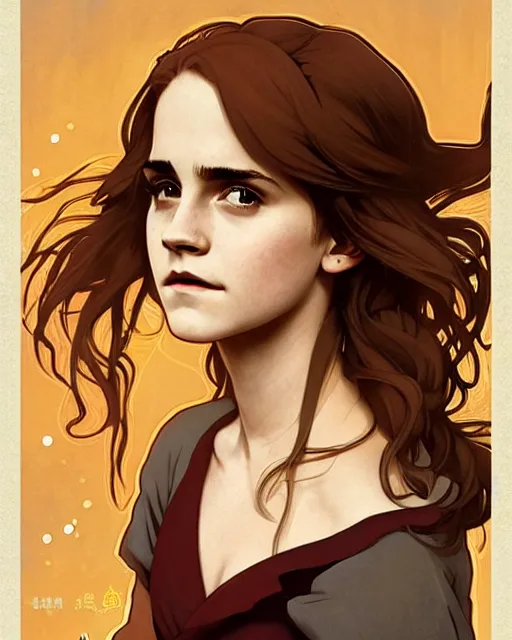 Image similar to Poster artwork, Emma Watson as Hermione Granger, medium shot, details, sharp focus, illustration, by Jordan Grimmer and Alphonse Mucha and greg rutkowski and PiNe(パイネ) and 薯子Imoko and 香川悠作 and maya takamura, intricate, beautiful, Trending artstation, pixiv, digital Art