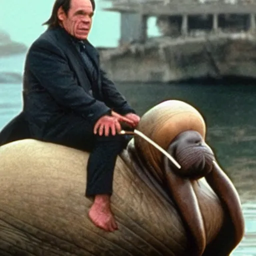 Image similar to tommy lee jones riding a walrus