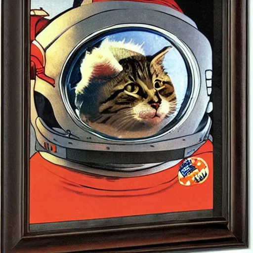 Image similar to an astronaut with a cats head, space, art by Norman Rockwell