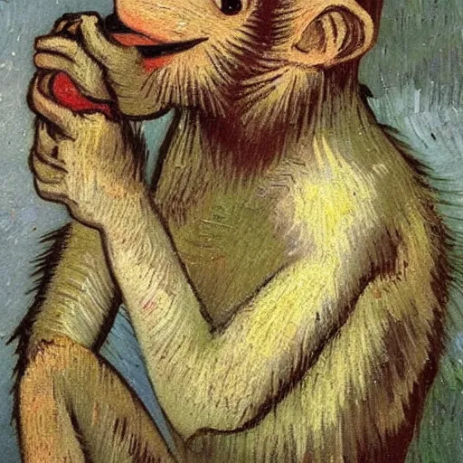 Image similar to a beautiful oil painting of a beautiful young monkey eating a rat sandwich , 8k , award winning , made in 1800's , old , painted by vincent van gogh