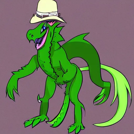 Image similar to digital art of a green scaled anthro dragon with blue hair and an australian cowboy hat