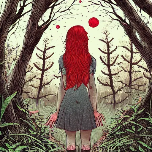 Prompt: a ultra detailed illustration of a red + haired + girl wandering alone in a mysterious forest in the style of thomke meyer and julia plath, on instagram, intricate, fantasy, hyperdetailed