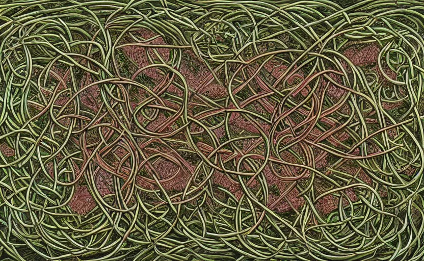 Image similar to a network of thick vines intertwined in the shape of a Celtic knot, central composition, in the style of Peter gric and Hannah yata 8k