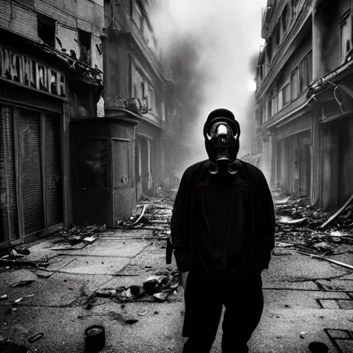 Prompt: A high quality photo of a mysterious man with a gas mask standing in the middle of a staircase alley looking in the direction of the camera :: outside, blue sky visible :: ruined city with vegetation and trees growing everywhere on the destroyed buildings :: forest :: apocalyptic, gloomy, desolate :: long shot, low angle, dramatic backlight, symmetrical, night, slightly colorful photography :: cinematic shot, highly detailed