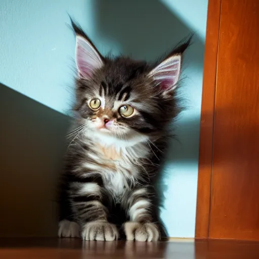 Image similar to eye - level view, a super cute maine coon kitten ate my homework in my room and woke up smart the next day. now the kitten is going to prepare my parents'tax return, hilarious, funny, frenetic high energy, back to school comedy, cg animation, 3 d octane render, imax 7 0 mm, rtx,