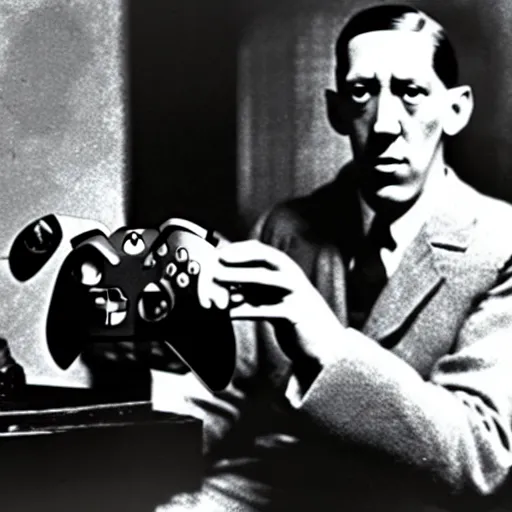 Image similar to h. p. lovecraft playing a video game, vintage photograph, xbox controller, angry