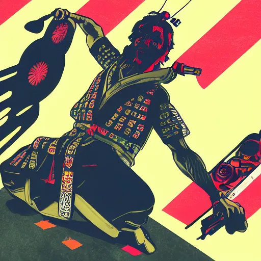 Prompt: a samurai DJing in GTAV, cover art by Stephen Bliss, boxart, loading screen