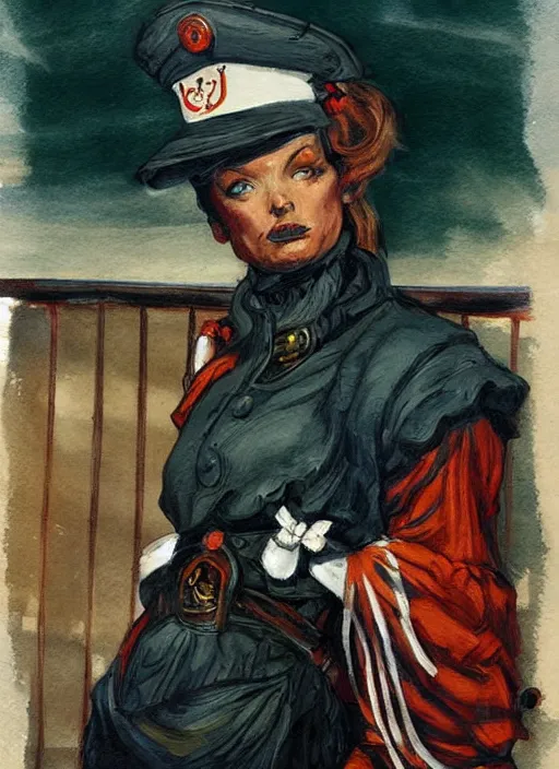 Image similar to portrait of sailor on ship deck, beautiful! coherent! by brom, deep color, strong line, high contrast