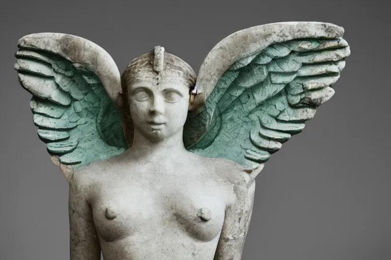 Prompt: white marble in shape of a winged sphinx on a pedestal was of bronze and was thick with verdigris the face was towards camera with a faint shadow of a smile on the lips and it was greatly weather-worn, medium format film color photography