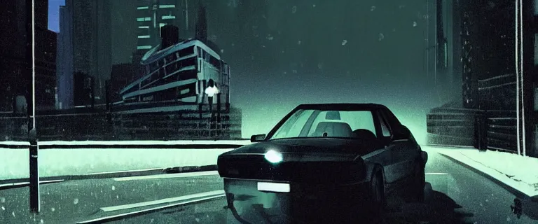 Image similar to Aqua Metallic Audi 80 RS 2 Avant (1995), black car, a gritty neo-noir, dramatic lighting, cinematic, eerie person silhouette, death, homicide, establishing shot, extremely high detail, photorealistic, cinematic lighting, artstation, by simon stalenhag, Max Payne (PC) (2001) winter new york at night, flashing lights, Poets of the Fall - Late Goodbye