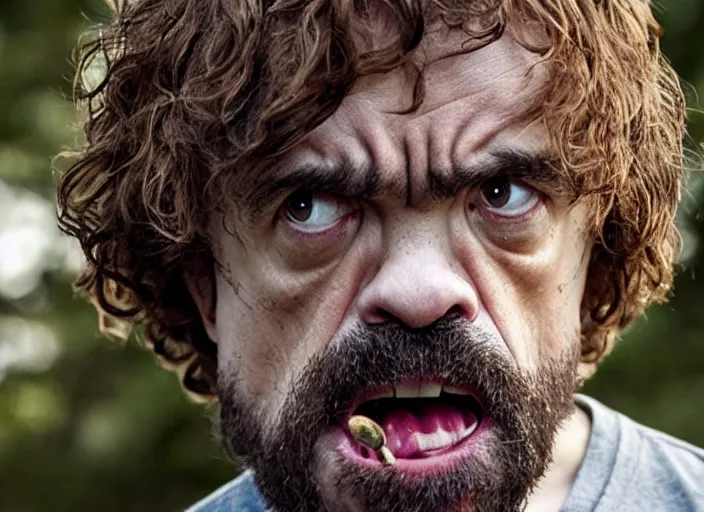 Image similar to peter dinklage knife in mouth running, movie still, from the new scream movie, 8 k, realistic