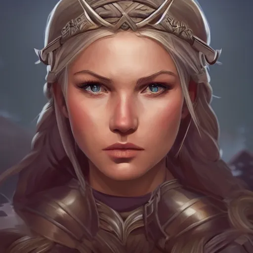 Image similar to epic portrait an beautiful female viking, front facing symmetrical centered painted portrait, just one head, Elisha Cuthbert as a D&D Paladin, RPG character avatar, Blizzard concept art, pixar, dreamworks, global illumination lighting, trending on artstation, by lois van baarle, ilya kuvshinov, rossdraws