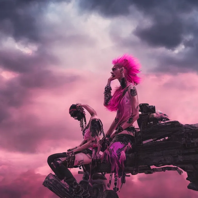 Image similar to oil painting, punk, pretty face, rich deep colors masterpiece, pink, people with mohawks, neon, ultra detailed, contrast, heaven pink, arches, clouds, sky, volumetric light, atmospheric lighting, dramatic, cinematic, steampunk, moody, octane render 4 k, 8 k