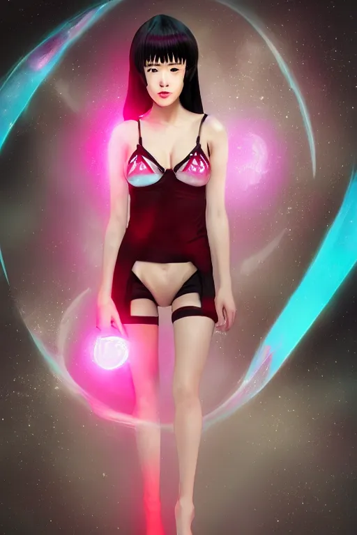 Prompt: portrait of Queen of the Multiverse, teen Japanese female from Kakegurui, rule of thirds, captivating glowing lights, posing for Dolce and Gabanna, seductive, revealing, transparent bikini, set on interstellar space, photo realistic by Yaşar VURDEM , artstation, unreal engine, character concept art. sz Zak and Taro Okamoto and Gal Barkan, high quality printing, fine art with subtle redshift rendering