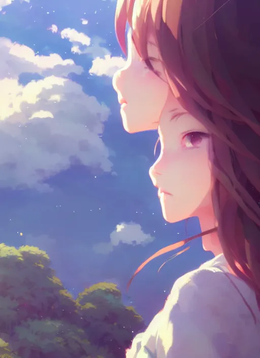 Image similar to portrait of cute girl, cloudy sky background lush landscape illustration concept art anime key visual trending pixiv fanbox by wlop and greg rutkowski and makoto shinkai and studio ghibli