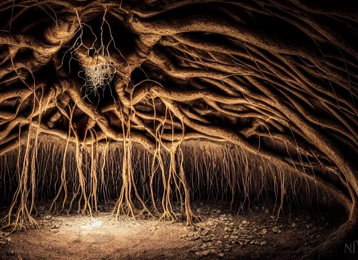 Image similar to photo of roots growing down from a ceiling in an underground cavern wrapped around a woman. Fantasy magic horror style. Highly detailed 8k. Intricate. Nikon d850 55mm. Award winning photography. Nekro