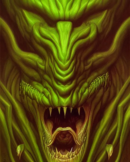 Prompt: the hydra from path of exile, portrait, background is shades of green yellow and grey, digital painting, highly detailed, intricate, trending on artstation, by zdzisław beksiński