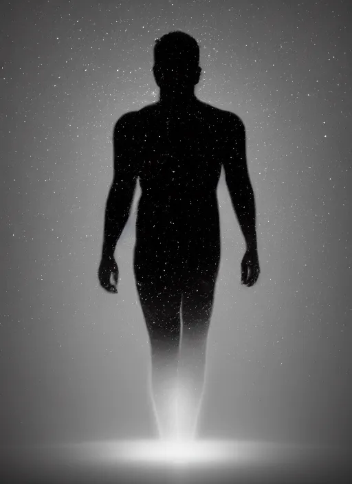 Prompt: crystallized human entity silhouette, large diffused glowing aura, long exposure, film grain, cinematic lighting, concept art, maximum detail