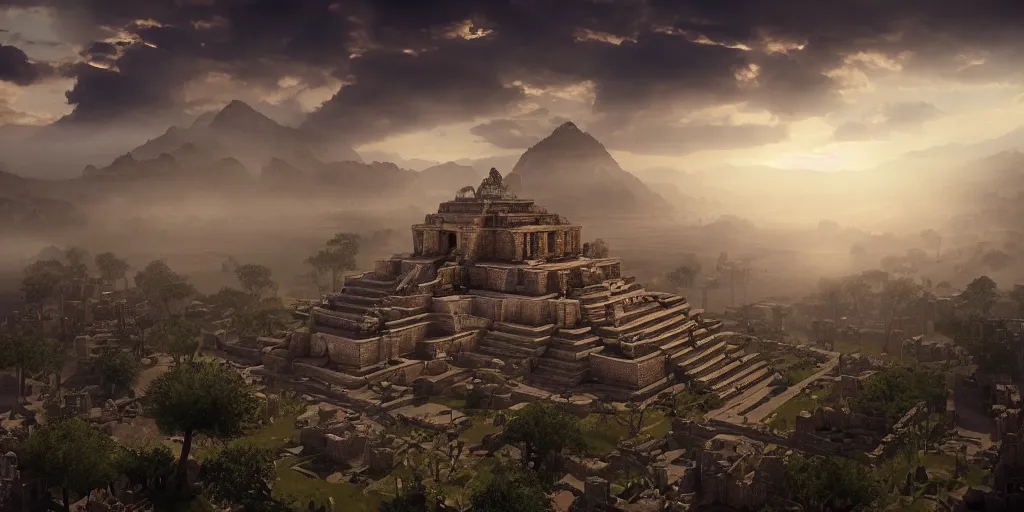 Image similar to aztec empire, superwide angle, light through the mist, dramatic lighting, photorealistic, cinematic lighting, high detail, cinematic feel, high octane, 4K, Unreal Engine, digital render, intricate, ultra realistic