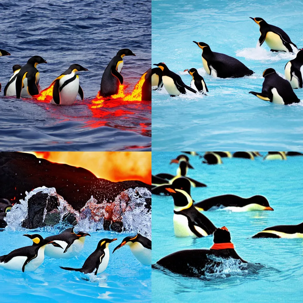 Prompt: penguins swimming in lava