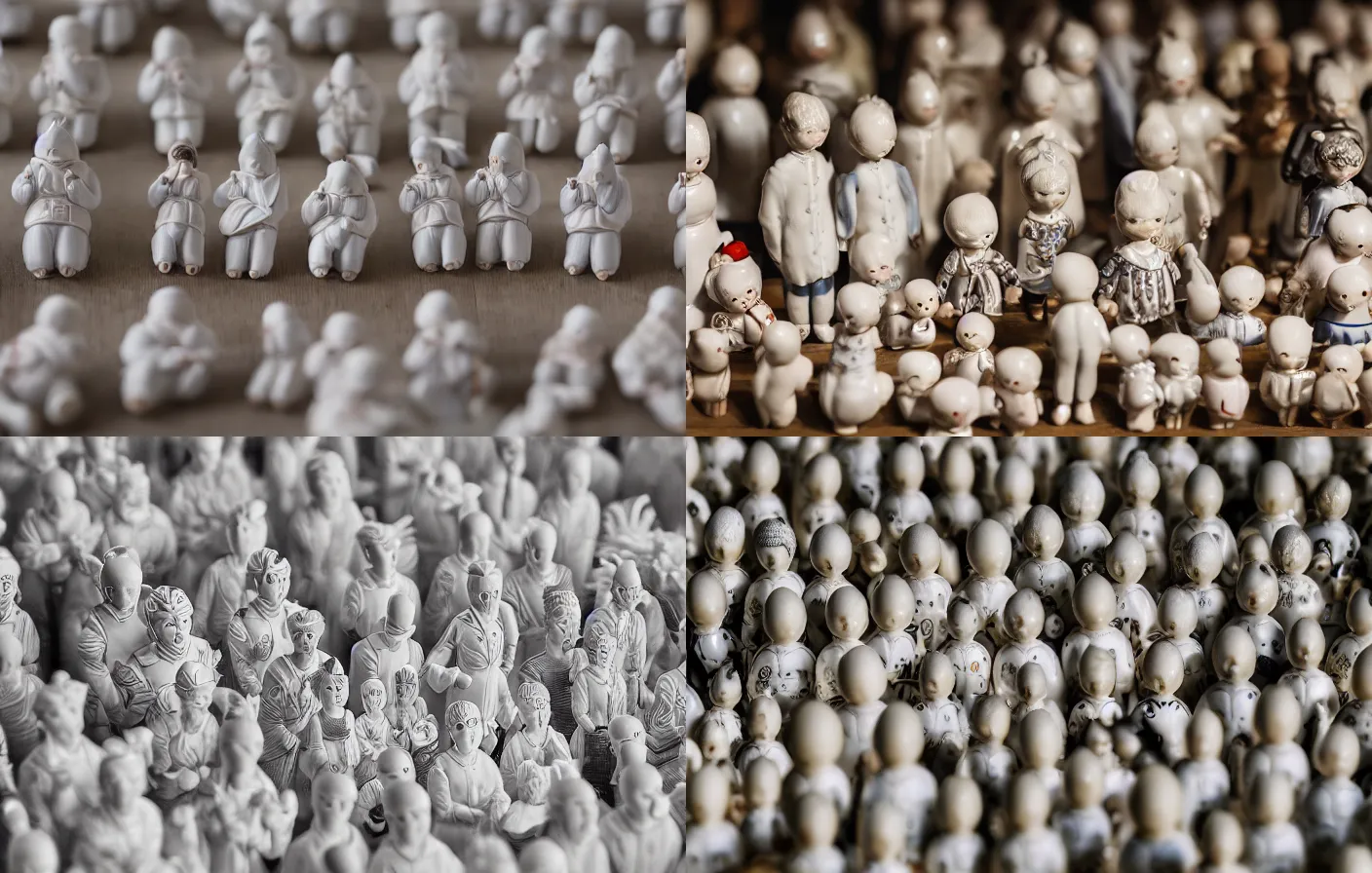 Prompt: Porcelain people figurines staring down at their phones, intricate, delicate, detailed, Canon TS-E 17mm f/4, pristine quality wallpaper