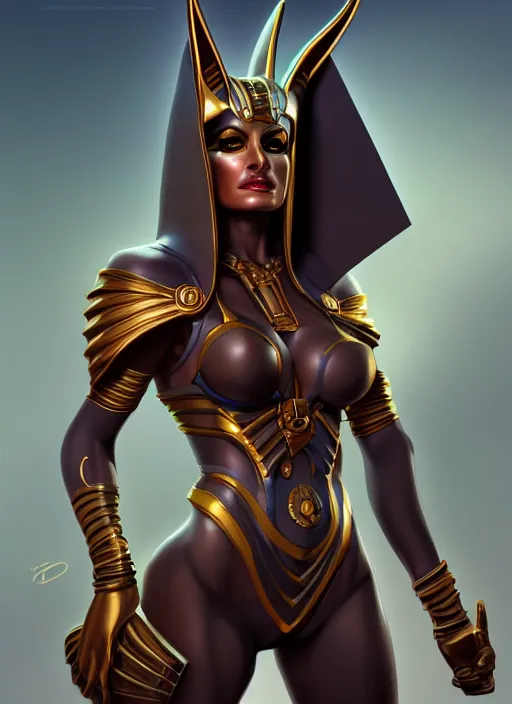 Image similar to pretty woman wearing an anubis outfit, highly detailed, artgerm style, artstation, soft light, sharp focus, illustration, character design, concept art