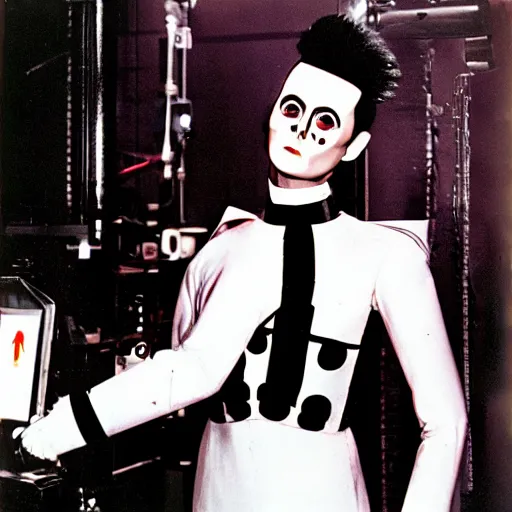 Prompt: a machine that mass produces klaus nomi, product photo