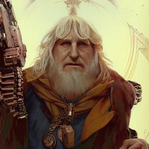 Image similar to [robot Depardieu as president of France! as GTA character, mystic hermit, closeup, D&D, intricate, elegant, highly detailed, digital painting, artstation, concept art, matte, sharp focus, illustration, art by Artgerm and Greg Rutkowski and Alphonse Mucha]