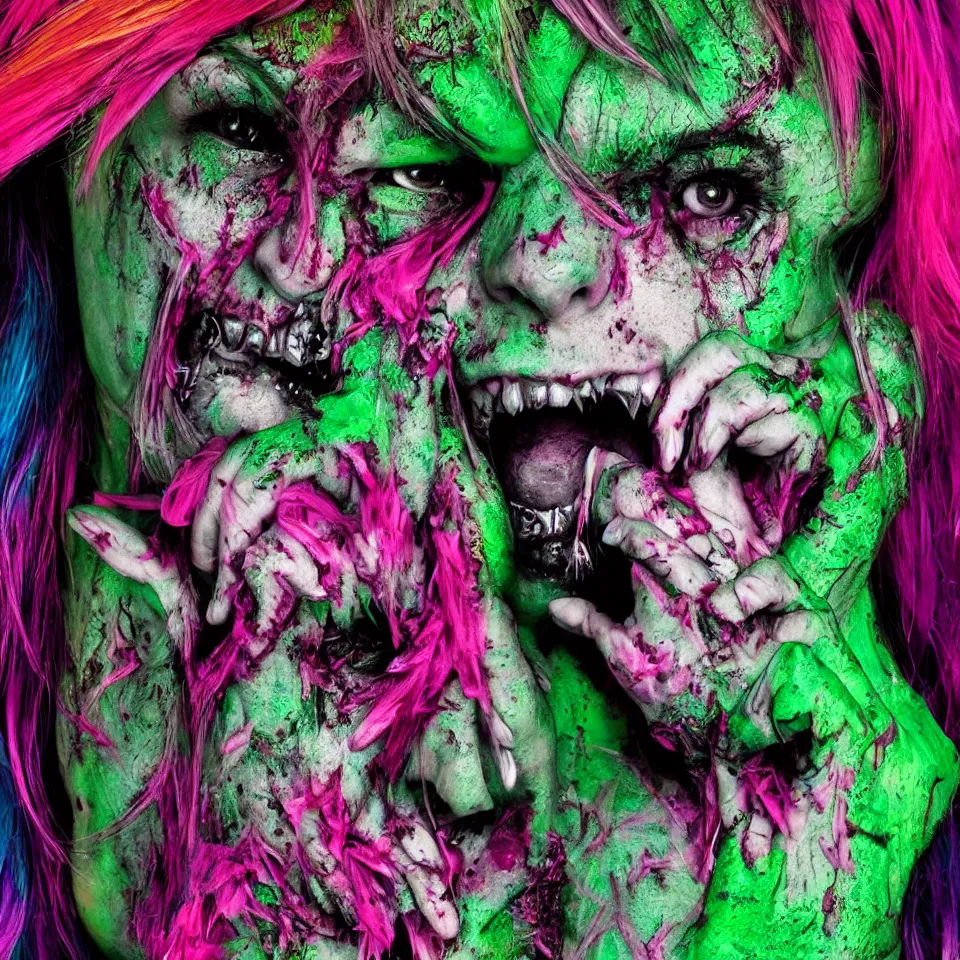 Image similar to ultra realistic portrait of a punk rock zombie with green skin and pink crystalline hair, multicolored background, vivid colors, dramatic lighting, intricately detailed, baroque