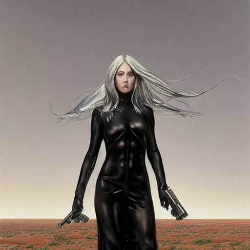 Image similar to pleiadian woman with big eyes and long silver hair wearing a dark body suit and holding a plasma gun as a realistic sci fi character, portrait art by donato giancola and greg rutkowski, digital art, trending on artstation, standing in a barren field, silver hair