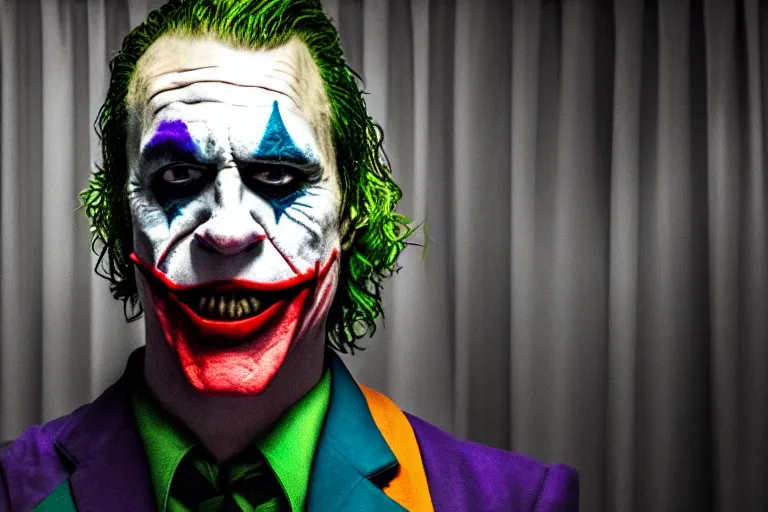 Image similar to the Joker standing on the stage of a disheveled movie theater, the stage light is directed at him, blue worn down curtains are behind him, realistic lighting, post processed lighting, 4k professional photography, wide angle lens