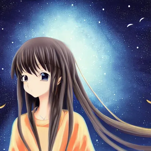 Image similar to anime visual of a girl looking at a sky full of stars, detailed digital painting