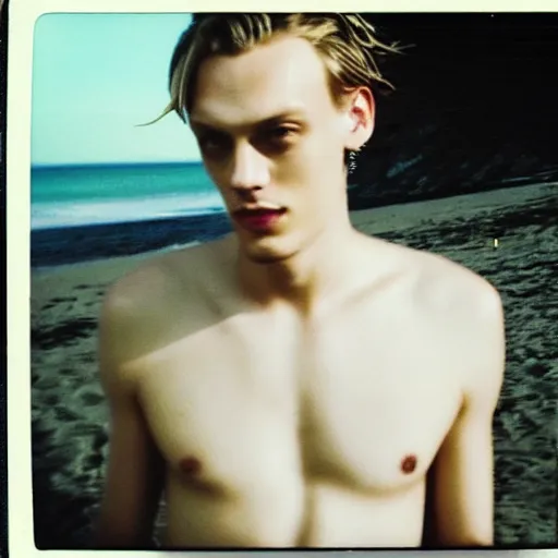 Image similar to polaroid of jamie campbell bower on a beach