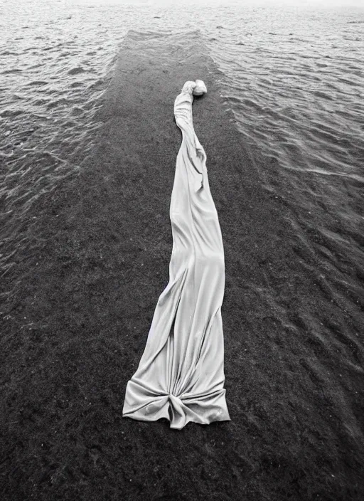 Prompt: long female dress abandoned on the bottom of the sea