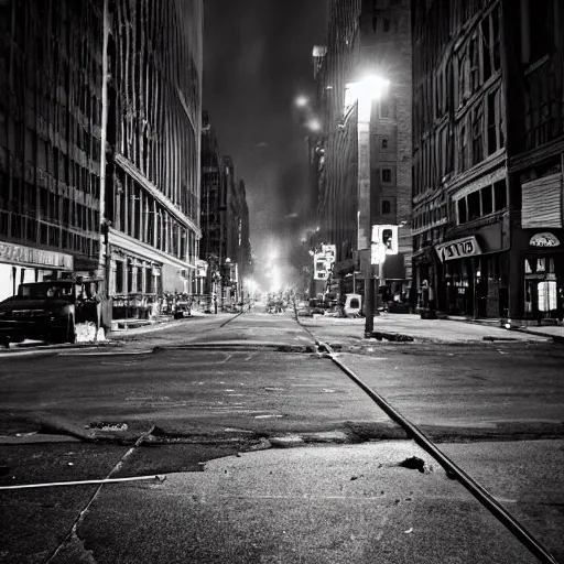 Image similar to color photograph, highly detailed abandoned New York city street at night after the war between humans and AIs, film grain, soft vignette, Canon EOS Digital Rebel XTi, 100-300mm Canon f/5.6, Exposure time: 1/160, ISO 400