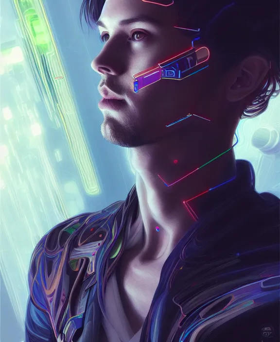 Image similar to a whirlwind inside the metaverse, guy, male, man, hologram, half body, neurochip, android, cyborg, cyberpunk face, by loish, d & d, fantasy, intricate, elegant, highly detailed, colorful, digital painting, artstation, concept art, art by artgerm and greg rutkowski and alphonse mucha