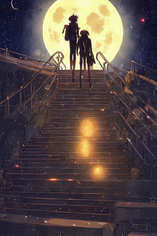 Image similar to a full moon containing the glimmering stairways to otherworldly galaxies, high intricate details, rule of thirds, golden ratio, cinematic light, anime style, graphic novel by fiona staples and dustin nguyen, by beaststars and orange, peter elson, alan bean, studio ghibli, makoto shinkai