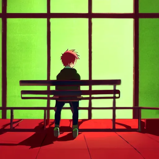 Image similar to anime boy alone in the dark cinema, green hair, red chair, lonely, screenshot from the film by Makoto Shinkai, Studio Ghibli, trending on pixiv