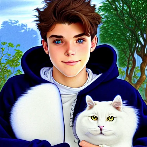 Image similar to teen boy with brown hair and big blue eyes, wearing a hoodie, holding a fluffy white persian cat, natural lighting, path traced, highly detailed, high quality, digital painting, by don bluth and ross tran and studio ghibli and alphonse mucha, artgerm