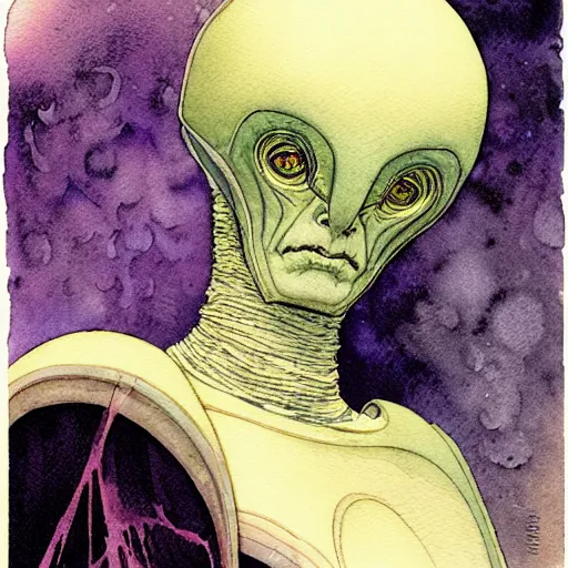 Prompt: a simple and atmospheric watercolour portrait of a pulp sci - fi alien hivr queen, very muted colors, by rebecca guay, michael kaluta, charles vess and jean moebius giraud