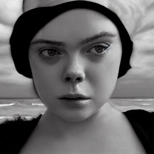 Prompt: obese and ugly Elle Fanning in a black robe holding a skull on the beach, head and shoulders portrait, stormy weather, extremely detailed masterpiece, Roger Deakin’s cinematography, oil on canvas, Edward Hopper,